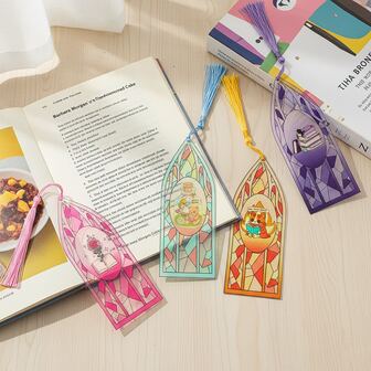 Marcapáginas de acrílico con forma de ventana de iglesia de colores vibrantes, impresos con patrones como libros adornados con rosas, libros apilados, gatitos y osos leyendo libros en tarros, marcapáginas artísticos favoritos para amantes de los libros