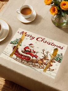 1pc Santa Claus Sled Table Runner, Christmas Decor Table Runner, Christmas Linen-Like Table Runner, Table Runner, Table Runner, 1pc Table Runner, 4pcs Placemats, 1pc Cushion Cover, 3 Products Available, Seasonal Home Decor Indoor/Outdoor Party Supplies, Winter Home Decor, Christmas Decoration, Christmas Room Decor, Christmas Party Decoration - Multicolor - View 9