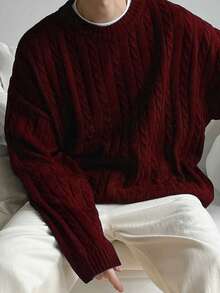 白色 Yue 男士休闲加厚扭绳纽扣落肩圆领毛衣，适合通勤、秋冬新款、圣诞节、新年等场合，长袖上衣 - 紅色 - 查看 4