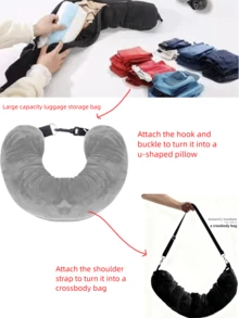 Cuscino a forma di U portatile con grande capacità, borsa a tracolla, utilizzabile in più scenari, borsa per il trasporto dei bagagli, per il riposo durante i viaggi, può essere utilizzata come borsa a tracolla/a spalla o fissata alla valigia, pieghevole con cerniera, cuscino a forma di U salvaspazio - Multicolore - Visualizzare 3