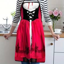 一件女士啤酒女郎围裙连衣裙，优雅的黑色巴伐利亚传统连衣裙搭配红色德国啤酒节服装，荷叶边蕾丝袖口 - 方领，收腰设计凸显腰线，适合慕尼黑啤酒节、狂欢节和圣帕特里克节庆祝活动。 - 彩色 - 查看 2