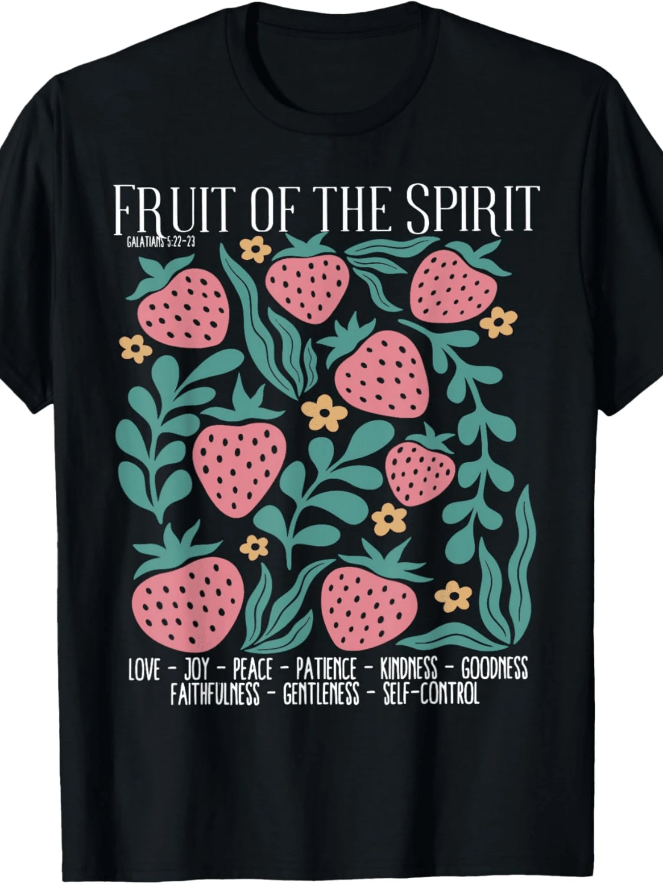 Retro Fruit Of The Spirit Strawberry Bible Verse Christian T-Shirt - Black - View 1