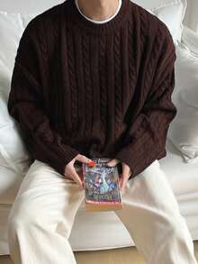 白色 Yueh 男士休闲加厚扭绳纽扣落肩圆领毛衣，适合通勤、秋冬新款、圣诞节、新年等场合，长袖上衣 - 棕色 - 查看 5