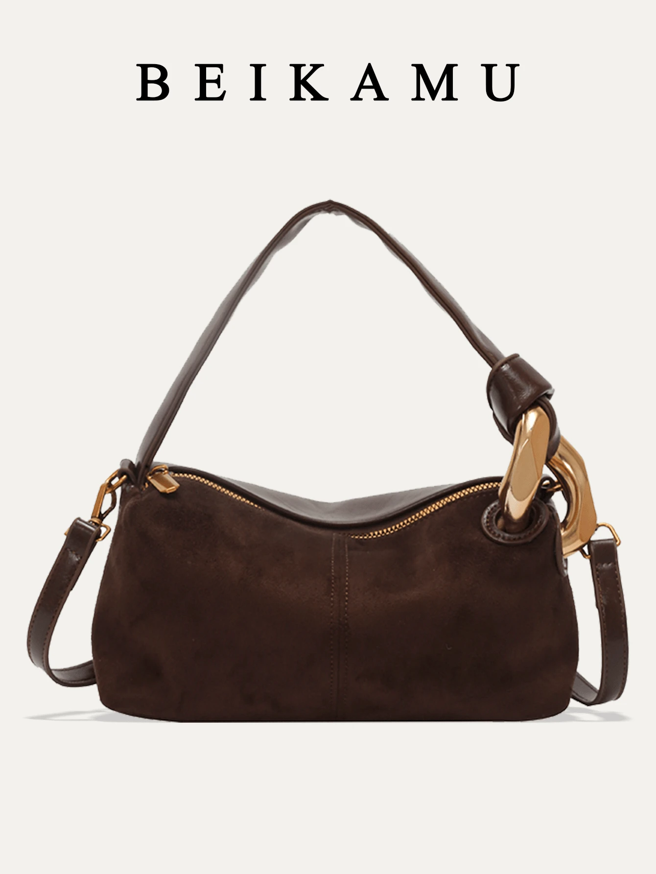 1 buc. Geantă de mână BEIKAMU pentru femei, culoarea cafelei, cu închidere vintage cu fermoar, curea de umăr detașabilă și reglabilă, cu decor metalic, potrivită pentru serviciu, naveta, cumpărături, școală, întâlniri