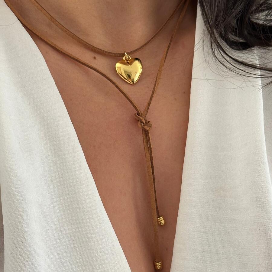 Suede Heart-Shaped Bow Tie Choker - Camel - View 1