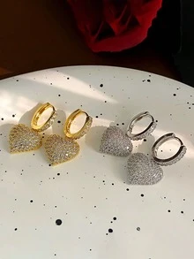 一对925纯银立方氧化锆心形吊坠耳环，奢华时尚耳夹耳环，适合女性/女孩/情侣佩戴，派对/生日珠宝礼物，精致珠宝 - 滿鑽愛心吊墜 - 查看 7