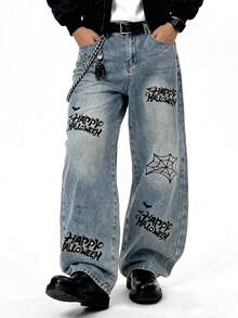 1 件 Y2K 朋克风水洗做旧印花宽松直筒美式复古男士牛仔裤，万圣节主题元素（不含腰带和配饰） - 藍色 - 查看 5