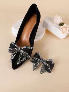 Lot de 2 décorations de chaussures détachables, nœud en cristal noir pour talons hauts, clips élégants et à la mode, parfaits pour les occasions formelles, le bureau, les rendez-vous professionnels, les sorties et les fêtes. - Noir - Voir 2
