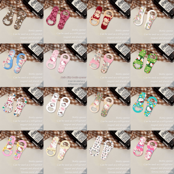 Sanrio 27 Styles Available Hello Kitty Metal Portable Bottle Opener, Collectible Hanging Decor | Cute Pink & White Cartoon Kitchen Tool, Decorative Non-Slip Bottle Cap Opener, Can Be Used As Fridge Magnet