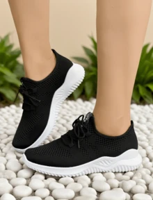Leisure Sports Shoes, Lightweight Knitted Sports Shoes For Women, Lightweight Soft - Soled Sports Shoes, Laced Low - Top Running And Tennis Shoes, Low - Top Fitness Training Shoes Suitable For Vacations - 黑與白 - 查看 3