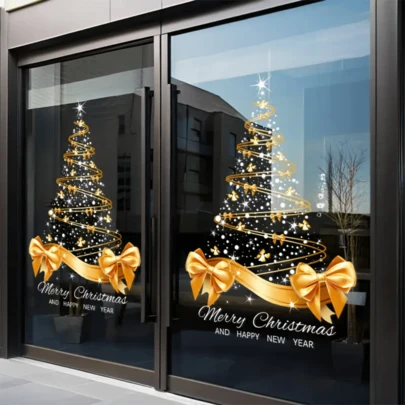 Adesivi per albero di Natale dorato fai-da-te, adesivi statici per finestre e porte "Buon Natale", adesivi per decorazione di finestre, motivi natalizi, stile moderno, senza bisogno di colla, decorazione stagionale, regalo natalizio, decorazioni natalizie per acquirenti, decorazioni natalizie per la casa, decorazione per la stanza