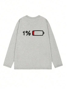 Cotton Long Sleeve T-Shirt Women, Japanese Battery Print, Loose Mid-Length Top, Fashionable Heather Gray - Gray - View 4