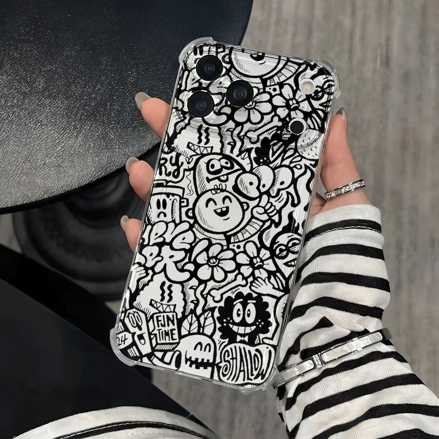 Funda para teléfono con diseño de grafiti negro, esquinas reforzadas y protección anticaídas. Compatible con phone 17, 16, 15, 14, 13, 12, 11 Pro, X y XS. Ideal para regalar a amigos y familiares en Halloween y Acción de Gracias. - transparente - Ver 1