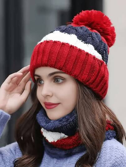 Conjunto de 2 peças de gorro e cachecol de malha em cores contrastantes, quente e versátil para proteção em climas frios ao ar livre