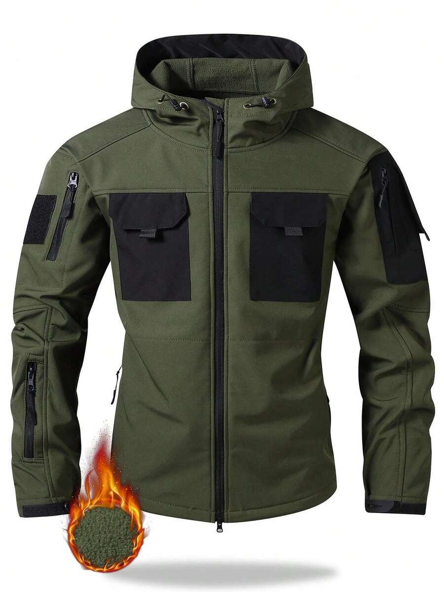 Men's Hooded Fleece Lined Sports Jacket, Outdoor Casual Colorblock Windbreaker With Multiple Pockets, Ideal For Outdoor Activities, Fashion & Versatile, Autumn/Winter