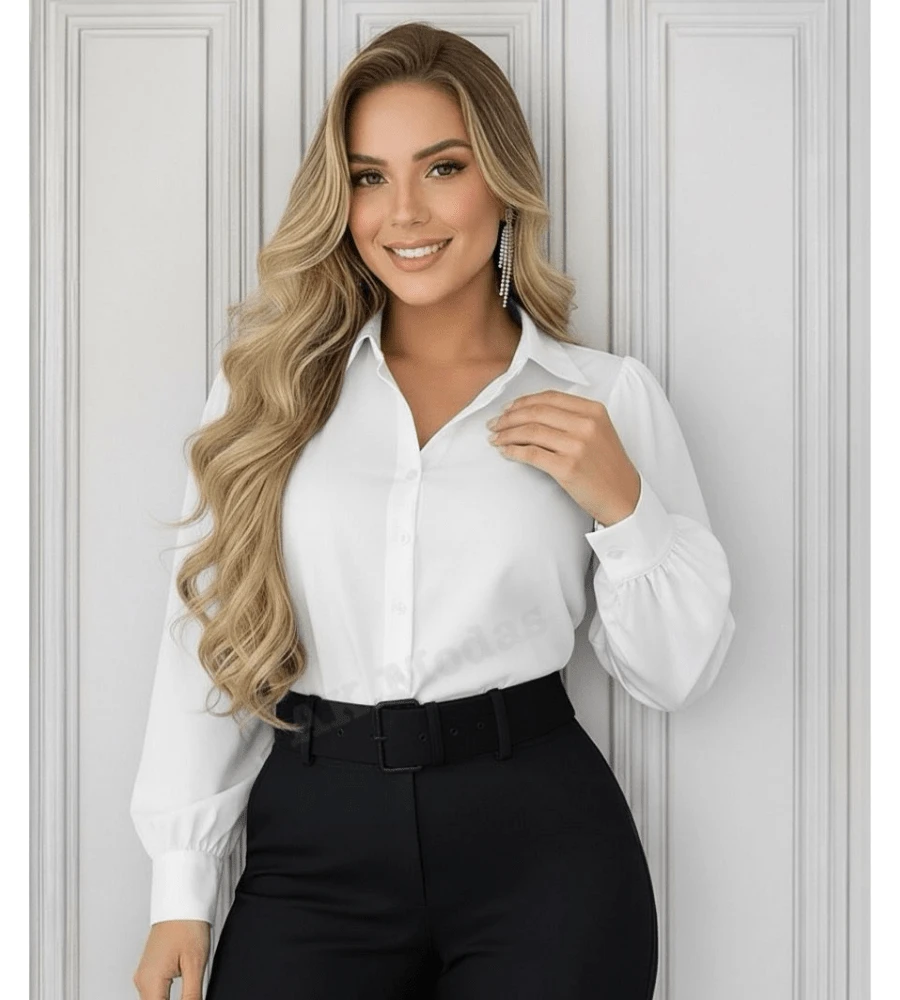 Striped Long Sleeve Dress Shirt Women's Fashion - 單色白襯衫 - 查看 1