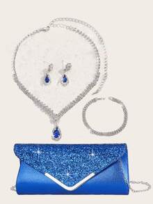 Set de 4 genți de mână de lux pentru rochii de seară de mireasă, cu colier, brățară și cercei cu strasuri strălucitoare, set de bijuterii pentru femei, potrivit pentru petreceri, nunți, baluri, cine/banchete, asortate cu rochii de mireasă, rochii formale, rochii de bal, rochii de ziua de naștere, rochii de petrecere