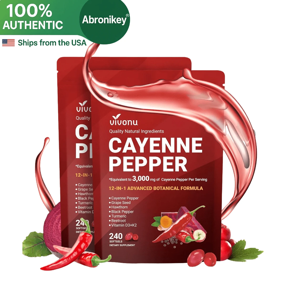 Cayenne Pepper Softgels Supplement – 12-In-1 Botanical Formula With Vitamin E, D3 + K2, Grape Seed, Hawthorn Berry, Beetroot, Berberine & Turmeric – Supports Circulation, Heart & Vascular Wellness – 240 Softgels (80-Day Supply) - Gói 2 - Xem 1
