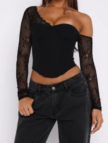 Onicee Women's Autumn Fashion Sexy Lace Patchwork Oblique Shoulder Long Sleeve Blouse - Black - View 15