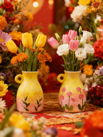 1 pièce Ensemble de vase en céramique peint à la main exquis, motif floral vibrant de fête avec dégradé jaune et rose, vase à double poignée avec des détails artisanaux artistiques, vase en céramique décoratif pour la décoration de la maison