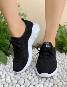 Leisure Sports Shoes, Lightweight Knitted Sports Shoes For Women, Lightweight Soft - Soled Sports Shoes, Laced Low - Top Running And Tennis Shoes, Low - Top Fitness Training Shoes Suitable For Vacations - 黑與白 - 查看 4