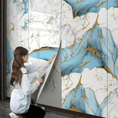 1 Roll Of Blue And White Marble Pattern, Sticky Wallpaper Can Be Removed, Wallpaper Peeled And Pasted, Background Wall, Art Wall, Wall Decoration, Cabinet, Wardrobe, Dining Table, Bedside Table Home Decor, Room Decor, Kitchen Decor, Bathroom Decor