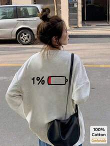 Cotton Long Sleeve T-Shirt Women, Japanese Battery Print, Loose Mid-Length Top, Fashionable Heather Gray - Gray - View 1