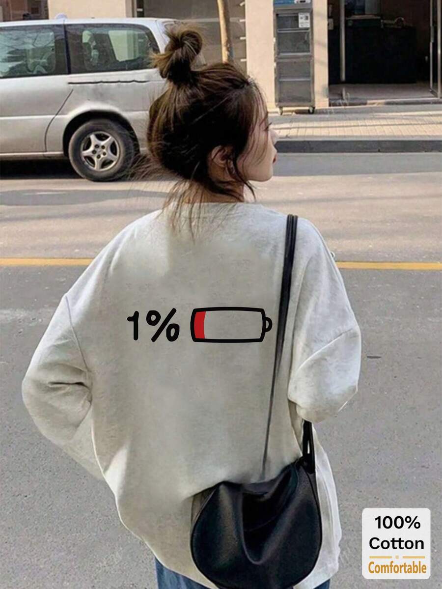 Cotton Long Sleeve T-Shirt Women, Japanese Battery Print, Loose Mid-Length Top, Fashionable Heather Gray - Gray - View 1