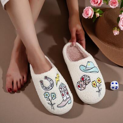 1 Pair White Cartoon Embroidered Western Cowboy Horseshoe & Floral Pattern Plush Slippers, Autumn/Winter Unisex Indoor Slip-On Soft Bottom Warm Fuzzy Shoes, Great Christmas Gift For Girls
