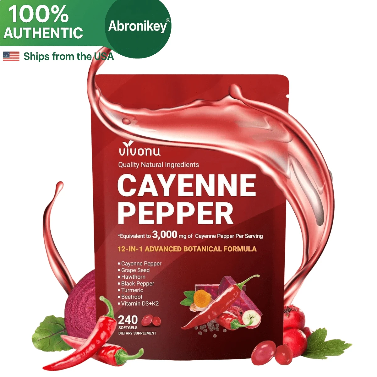 Cayenne Pepper Softgels Supplement – 12-In-1 Botanical Formula With Vitamin E, D3 + K2, Grape Seed, Hawthorn Berry, Beetroot, Berberine & Turmeric – Supports Circulation, Heart & Vascular Wellness – 240 Softgels (80-Day Supply) - Pack of 1 - 查看 1