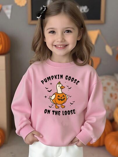 Pumpkin Goose Graphic Print Girl's Sweatshirt, Halloween Theme Pullover For Festive Occasions,  & Comfortable Outfit With Vibrant Colors And Relaxed Fit.