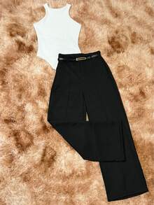 Complete Look – Tailored Pants With Belt + Slim Bodysuit + Casual Chic Tank Top - Black - View 3