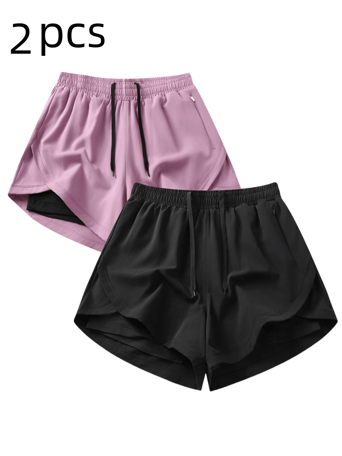 2pcs/Set (2-In-1) Women's Athletic Shorts | Quick-Dry Polyester & Spandex Blend | Breathable, Lightweight | Adjustable Elastic Waistband | Suitable For Fitness & Casual Wear | Machine Washable | Multi-Season Comfortable, Active Lifestyle Apparel | Functional Design Shorts | Adjustable Comfortable Shorts | Gym, Yoga, Running Pants - Black - View 1