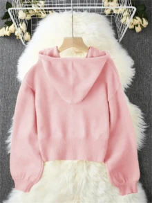 大码女式纯色落肩长袖单排扣抽绳连帽针织开衫，带抽绳帽兜，袖口和下摆收紧，粉色 - 粉色 - 查看 3