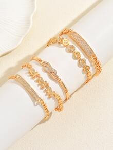 1 pieza Conjunto de pulsera con strass de color dorado de moda, adecuado para que las mujeres creen un estilo de apilamiento personalizado