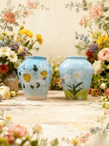 مجموعة إناء خزفي صغير مرسوم باليد 2 قطعة، بتصميم ريفي منعش بنمط زهور الأقحوان باللون الأزرق، إناء خزفي زخرفي بتفاصيل حرفية فنية، مناسب لديكور المنزل ومشاهد الزهور الربيعية