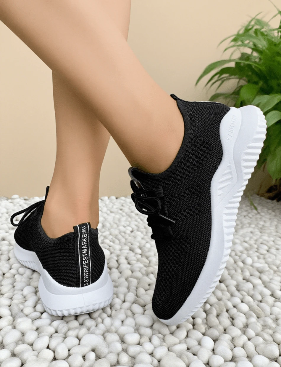 Leisure Sports Shoes, Lightweight Knitted Sports Shoes For Women, Lightweight Soft - Soled Sports Shoes, Laced Low - Top Running And Tennis Shoes, Low - Top Fitness Training Shoes Suitable For Vacations - 黑與白 - 查看 1