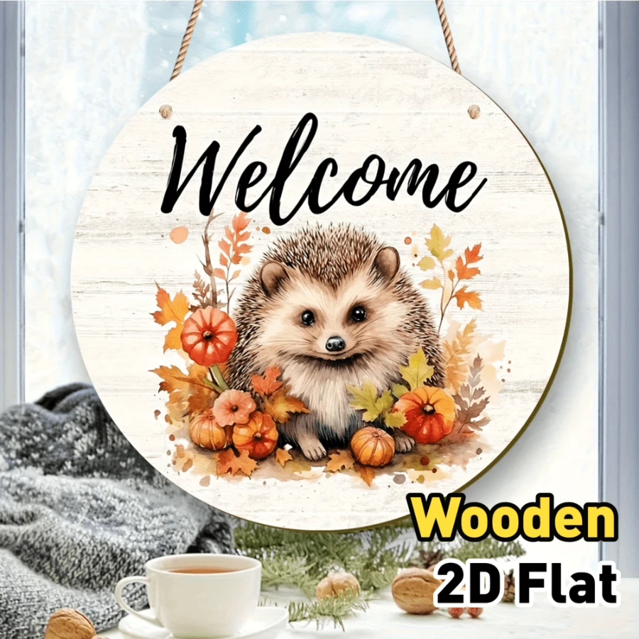2D Plan - Decorative Signs And Plaques, One Autumn Welcome Sign - Round Wooden Hedgehog Pendant, Suitable For Home, Farm, Cafe, Thanksgiving, Harvest Season - Universal Festival Theme Outdoor Decoration, No Electricity Required Christmas Decorations Home Christmas Gifts Christmas Decor