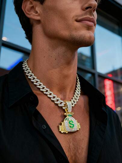 欧美嘻哈风格全水钻钱袋吊坠项链，时尚独特的链项链，适合日常佩戴