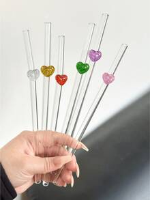 1pc Shiny Heart-Shaped Glass Straw, Transparent Smoothie, Bubble Tea, Juice, Milk, Cocktail, Cold Drink Party Reusable Glass Straw