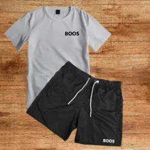 Cotton T-Shirt + Printed Tectel Bermuda Shorts Set - Gray/Black - View 1
