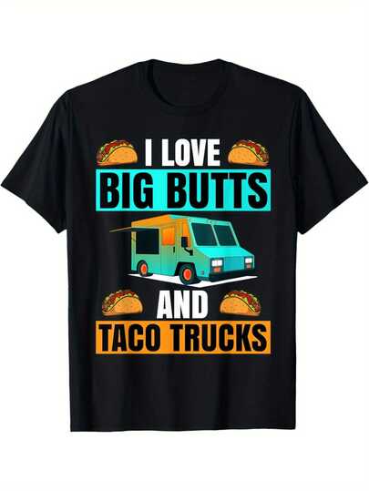 Camiseta divertida para entusiastas de la comida mexicana para hombres - Me encantan los grandes traseros y la camiseta con patrón de camión de tacos - Camiseta negra con letras turquesa y naranja - Cuello redondo casual de manga corta - Ropa casual suave para la fiesta de tacos de martes - Ropa divertida para fanáticos de camiones de tacos - Regalo creativo de comida mexicana - Impresión vibrante de diseño de camión de tacos y burrito - Lavable a máquina y seco en limpiador - Ajuste holgado adecuado para todas las estaciones