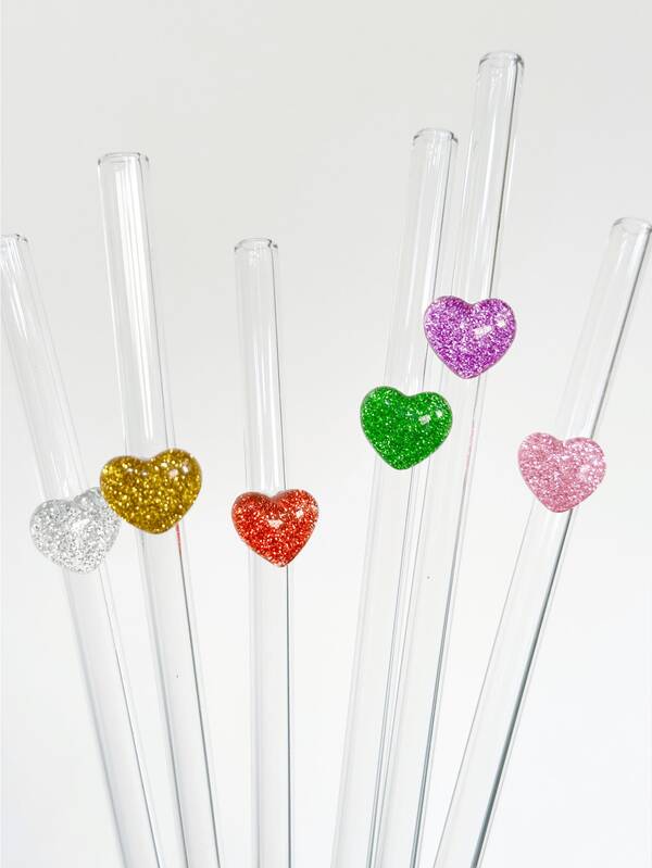 1pc Shiny Heart-Shaped Glass Straw, Transparent Smoothie, Bubble Tea, Juice, Milk, Cocktail, Cold Drink Party Reusable Glass Straw
