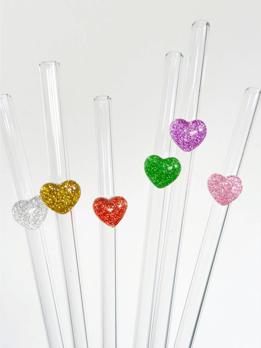 1pc Shiny Heart-Shaped Glass Straw, Transparent Smoothie, Bubble Tea, Juice, Milk, Cocktail, Cold Drink Party Reusable Glass Straw