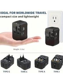 Universal Travel Adapter With 1 USB & 1 Type-C Charging Port, 100-240V Input, Power Adapter For Computer Accessories, Suitable For Over 150 Countries, Essential For Business Trip And Travel, Compatible With Laptop, Tablet, Smartphone