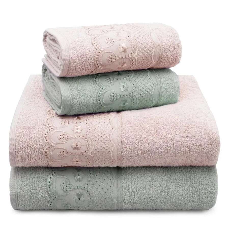 Jogo/Kit 4 Toalhas (2 Banho + 2 Rosto) Barra Bordada 100% Algodão Fio Penteado Bordare Appel