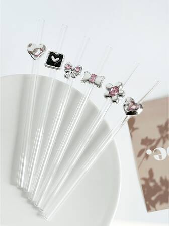 1 件情人节银色心形玻璃吸管，可重复使用透明冰沙、奶茶、果汁、鸡尾酒、冷饮派对吸管