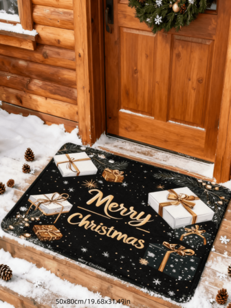 1pc Black & Gold Christmas Gift Mat, Featuring Sparkling Snowflakes And Elegant White & Gold Gift Boxes, Suitable For Bedroom, Living Room, Entryway, Doormat, Small Rug, Welcome Mat, Carpet, Outdoor Doormat, Kitchen Rug, Home Decor, Front Door Mat, Area Rug, Garden Carpet, Washable Rug