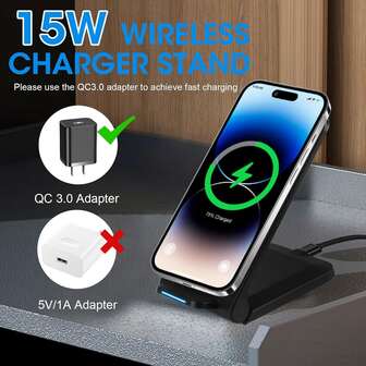 Cargador inalámbrico rápido de 15W, soporte de teléfono 2 en 1 y almohadilla de carga inalámbrica, estación de carga inalámbrica Qi portátil con puerto Tipo C, compatible con iPhone 17/16/15/14/13/12/11/X/XS, S24/23/22/21/10 y otros dispositivos habilitados para Qi