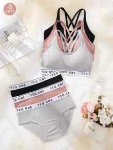 3SETS女士字母印花镂空交叉吊带内衣套装，无钢圈，舒适透气背部设计，运动背心内衣套装。